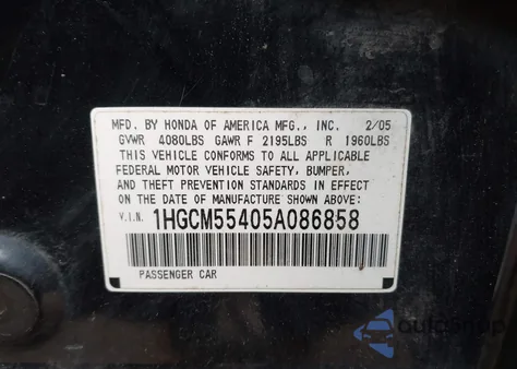 2005 Honda Accord 2.4 Lx из США, поврежденный, VIN 1HGCM55405A086858